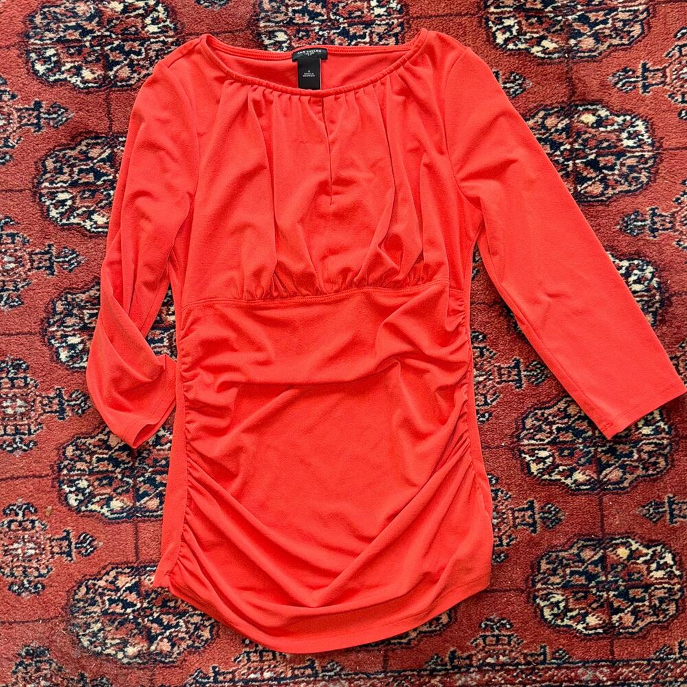 Ann Taylor S Orange Soft Knit Ruched Top w/ Keyhole Neckline,‎ 3/4 Sleeves